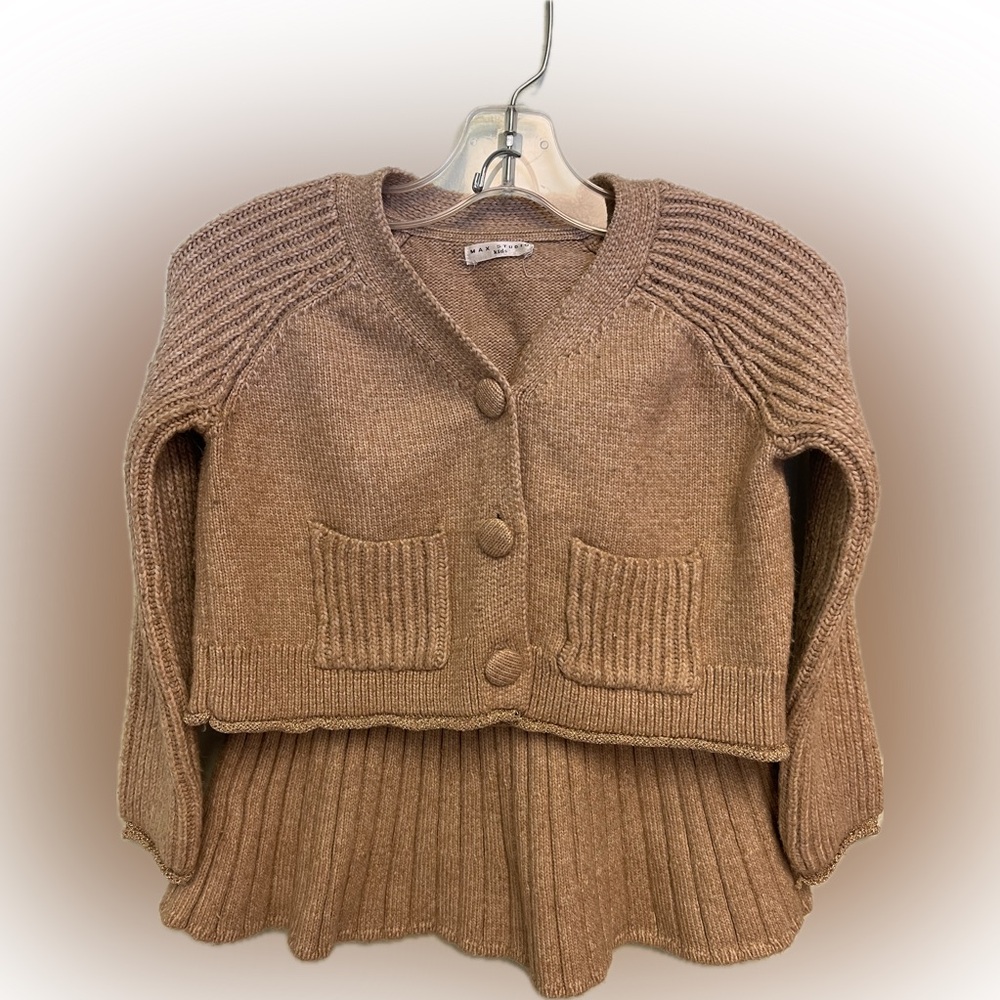 Max Studio Kids 5-6 Button-Front Knit Cardigan & Skirt in Camel-Tan Gold Trim
